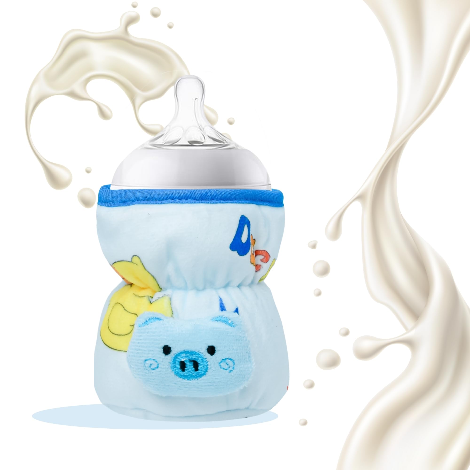 THE LITTLE LOOKERS Soft Plush Stretchable Baby Feeding Bottle Cover with Easy to Hold Strap | Cute Animated Overall Print Pack of 3 (Multicolor, Wide Neck 125ml/4OZ)