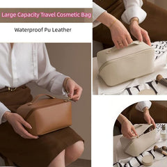 Large Capacity Travel Cosmetic Bag, Double Layer Train Case Makeup Bag, Waterproof Portable Leather Makeup Bags, Toiletry Bag for Makeup Brushes, Multifunctional Storage Makeup Bags for Women (Black)