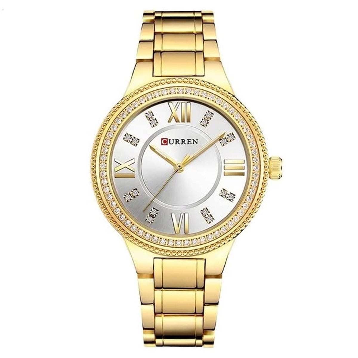 CURREN Ladies Analog Watch Gold Stainless Steel Case Silver Dial Gold Stainless Steel Bracelet