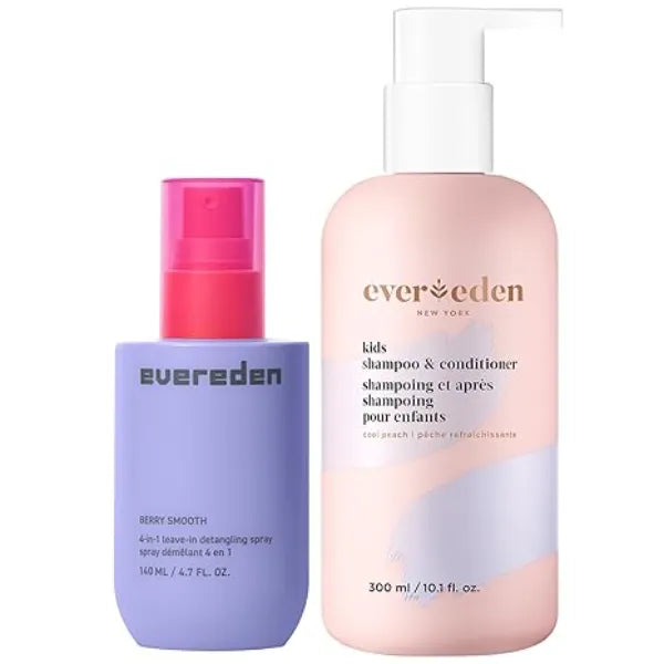 Evereden Kids Hair Set 4 in 1 Leave In Hair Detangling Spray & Shampo and Conditioner 2 in 1 Detangle, Moisturize & Strengthen Gentle, Easy Hair Care for Kids Daily Routine