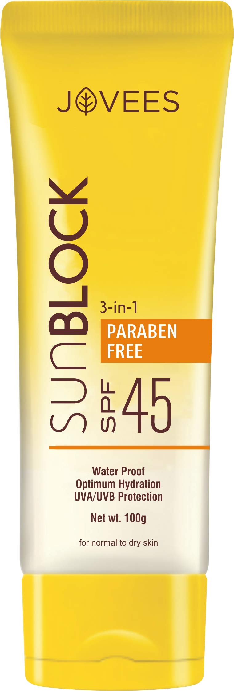 Jovees Herbal Sun Block Sunscreen SPF 45 for Women/Men | Size: 100g x Pack of 1 | For Dry Skin | Water Proof, UVA/UVB Protection, Moisturization| Paraben and Alcohol Free