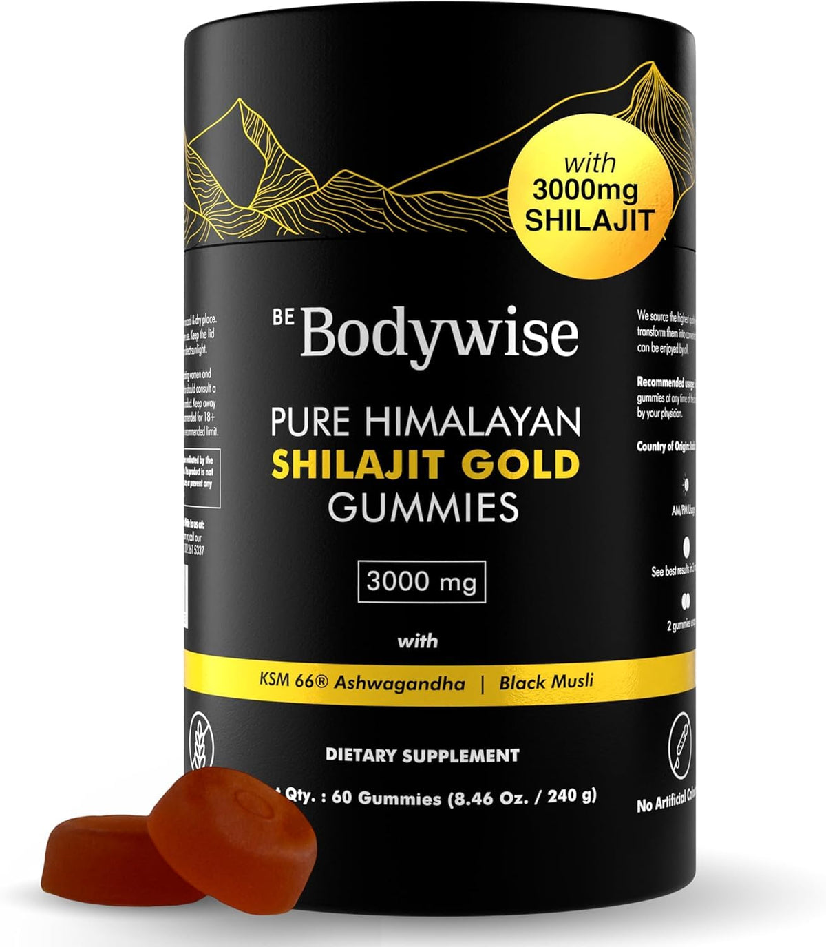 Be Bodywise 3000 Mg Pure Shilajit Gummies Gold I Lab Tested I No Added Sugar I KSM 66 Ashwagandha,Gokshura| 75% Fulvic Acid & 85+ Trace Minerals I Men,Women I Non-GMO I 100% Natural,Organic I 60 Gummy
