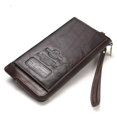 Hiram Wristlet Bag Genuine Leather RFID Cellphone Wallet Men's Clutch Wallets Men Credit Card Holder Male Long Purse Zipper (Coffee)