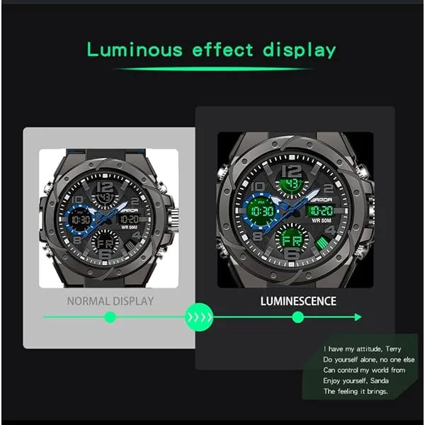 KASTWAVE Men's Waterproof Tactical Sports Watch, Dual Display Analog-Digital Outdoor Watch with Alarm, Large Face Multifunctional Timepiece for Active Men