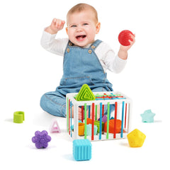 Jenilily Baby Shape Sorting Toy, Cube with 14PCS Sensory Shape Blocks, Sensory Bin Shape Sorter Toys Early Learning Education Toys for Toddlers Babies Gifts