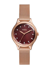 Fossil Laney Three-Hand Stainless Steel Mesh Wrist Watch for Women, Red/Rose Gold