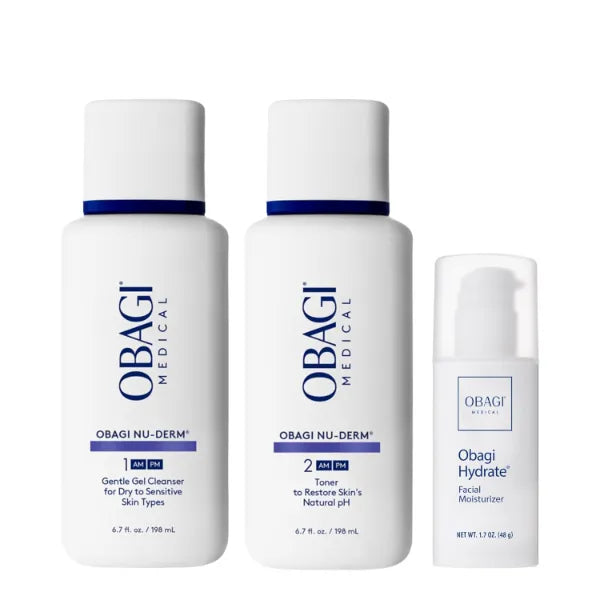 Obagi Medical Brightening Bundle with Full Sized Nu-Derm Foaming Cleanser, Toner & Hydrate Moisturizer – Brighten Dark Spots, Balance Skin’s pH, Remove Impurities, Protect & Hydrate