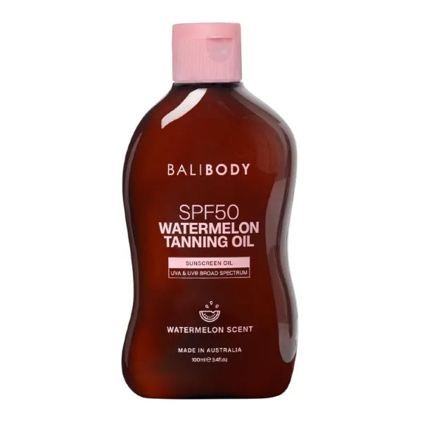 Bali Body Watermelon Tanning Oil SPF50 – Tanning Oil with SPF for Dark Glow Skin, Fast-Absorbing, Non-Greasy Formula, Hydrating, Travel Size, Cruelty-Free, Vegan Australian Made (100ml/3.4floz)