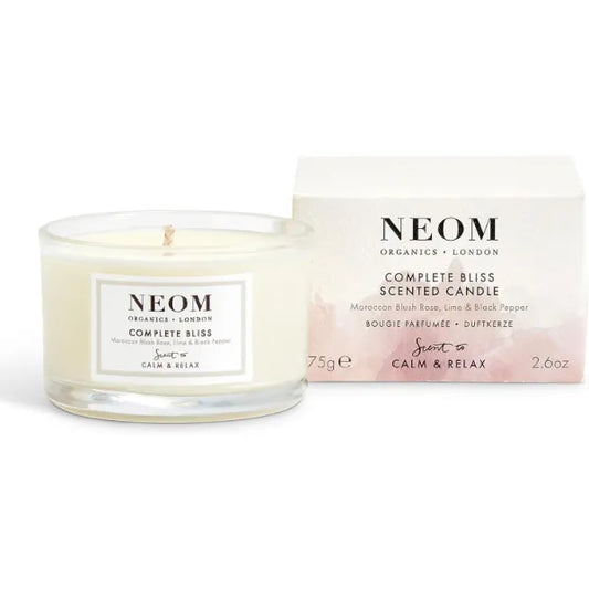 NEOM Complete Bliss Scented Candle, Travel Size | Blush Rose, Lime & Black Pepper | Essential Oil Aromatherapy Candle | Scent to De-Stress