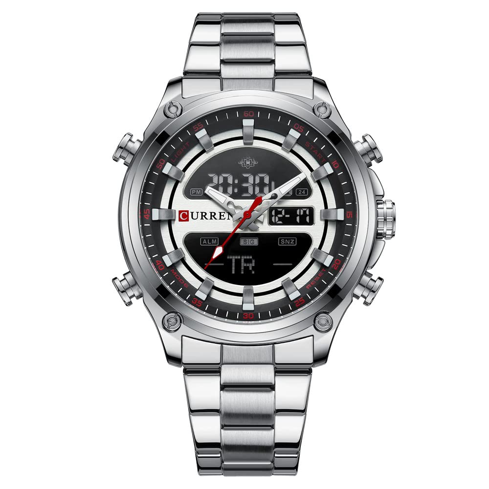 CURREN - Men's Wristwatch - Electronic, Double Movement Quartz Lighted - Sporty and Modern Style - Gift for Birthday, Anniversary, Valentine's Day and Special Dates., Silver