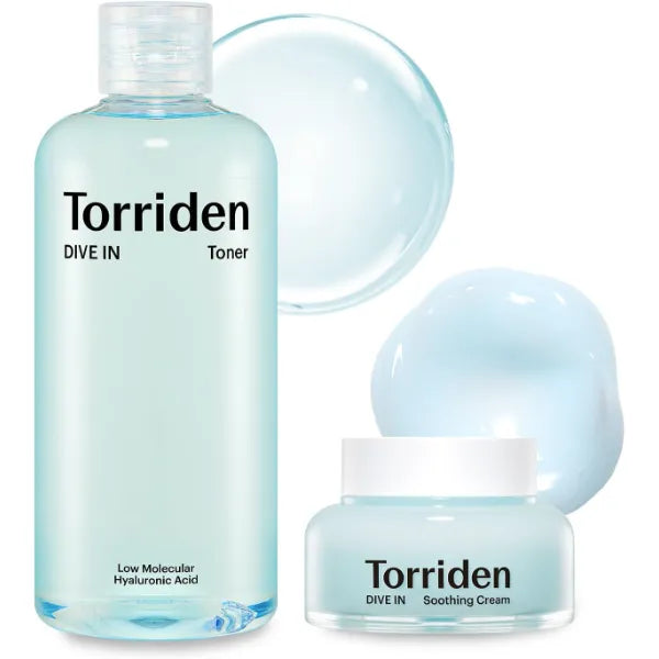 TORRIDEN Dive-in Low-Molecular Hyaluronic Acid Toner, 10.14 fl oz + Soothing Cream 3.38 fl oz | Vegan Clean Cruelty Free Facial Ampoule Moisturizer Astringent