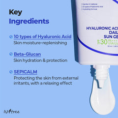 ISNTREE Hyaluronic Acid Daily Sun Gel 50ml, 1.69 fl oz | SPF 30 | Moisturizing Sunscreen | No White Cast | Lightweight | Mild Formula | Korean Skincare