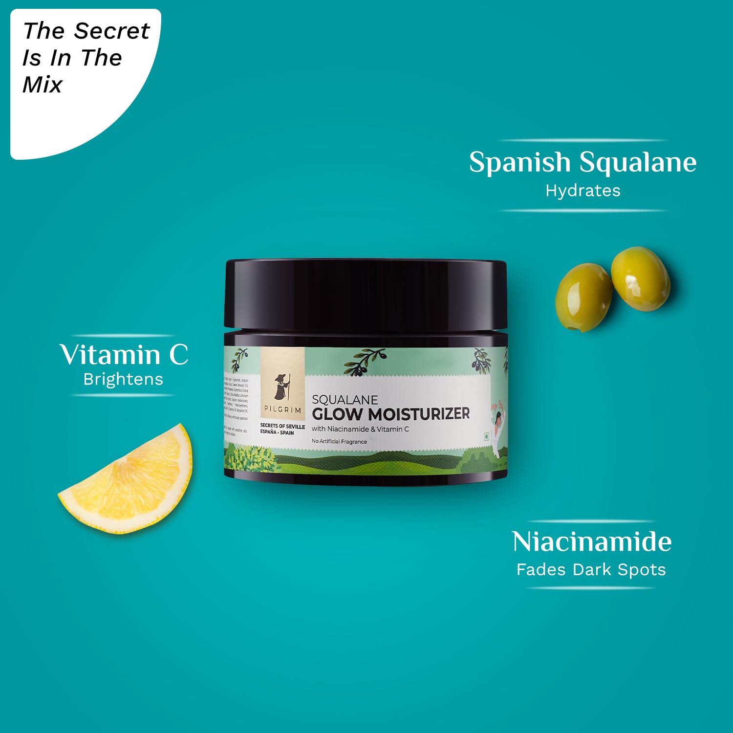 Pilgrim Squalane Niacinamide & Vitamin C Glow Moisturizer for face | Moisturizer for dry skin hydration | Face moisturizer with vitamin c for glowing skin | Non-greasy | 50 gm