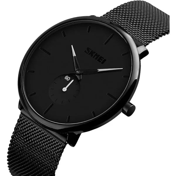 SKMEI Quartz Men Fashion Watch Black Metal Mesh Band Waterproof (Black)