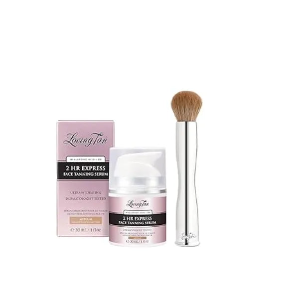 Loving Tan NEW 2HR Express Face Tanning Serum, Medium Streak Free, Natural, Professional Quality Sunless Tanning + Flawless Face Tan Brush Self Tanning & Contouring, Use with Mousse or Cream