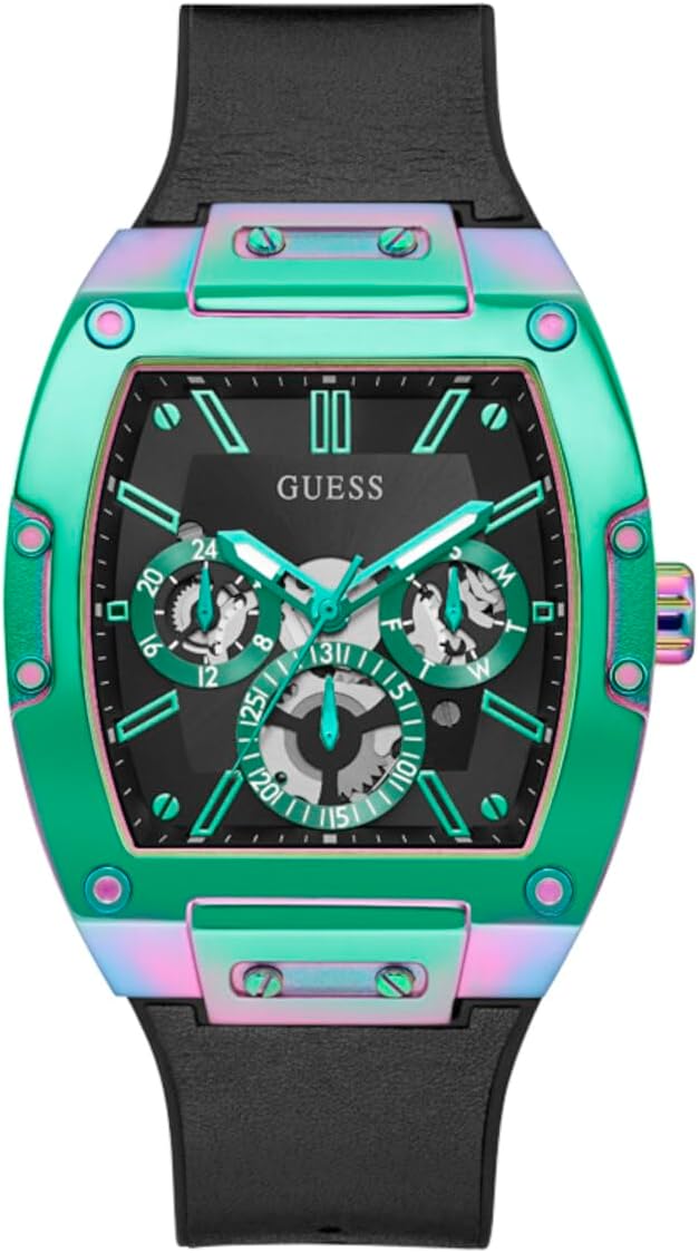 GUESS Iridescent and Black Silicone Multifunction Watch