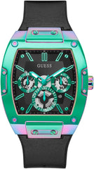 GUESS Iridescent and Black Silicone Multifunction Watch
