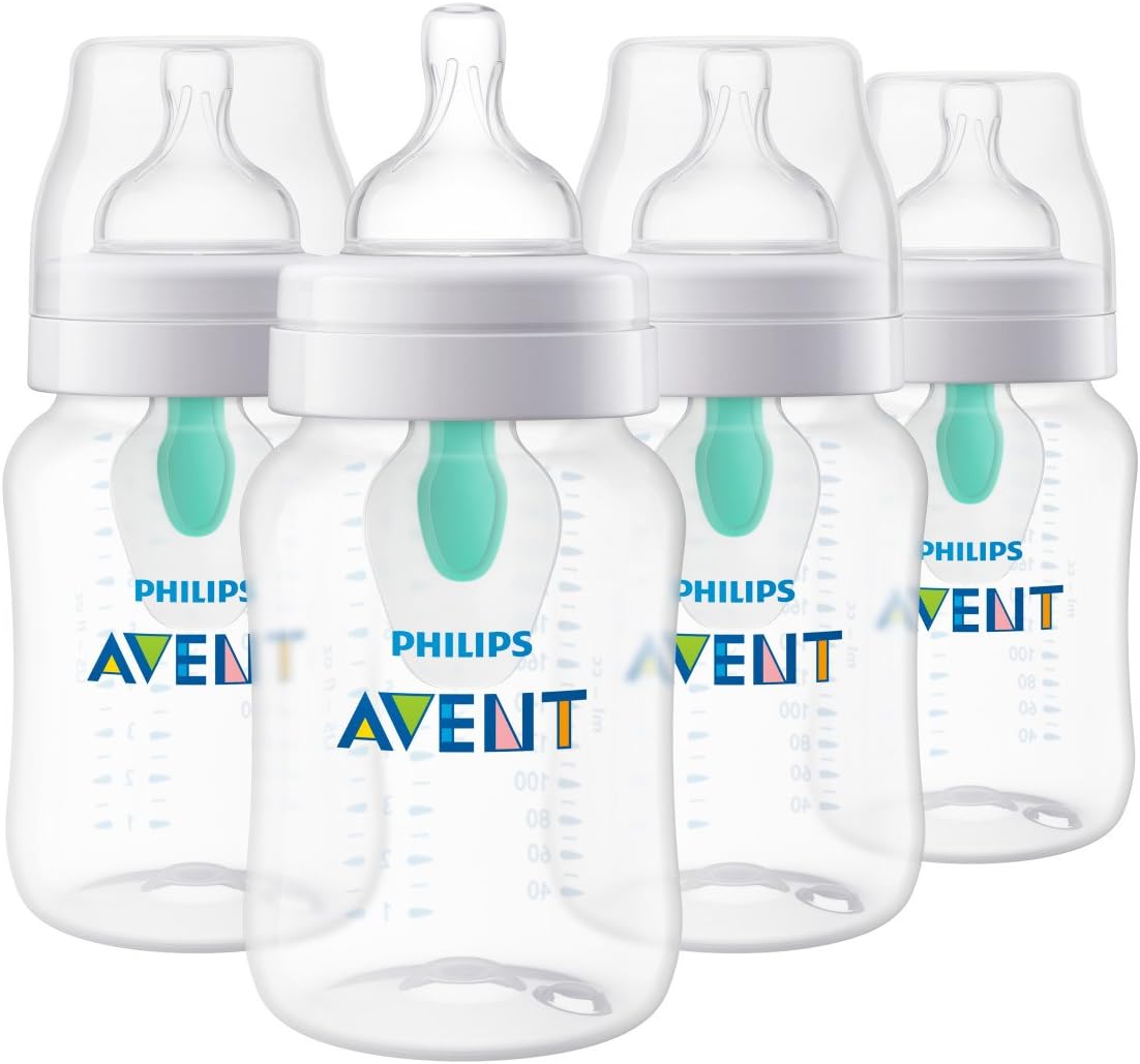 Philips Avent Anti-colic Baby Bottle with AirFree Vent, Clear, 9 Ounce, 4 Pack, SCF403/44