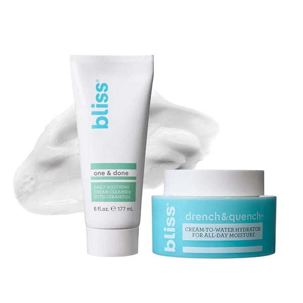 Bliss One & Done Daily Cream Facial Cleanser With Ceramides - Moisturizing Face Wash For Dry Skin and Drench & Quench Hyaluronic Acid Cream to Water Moisturizer