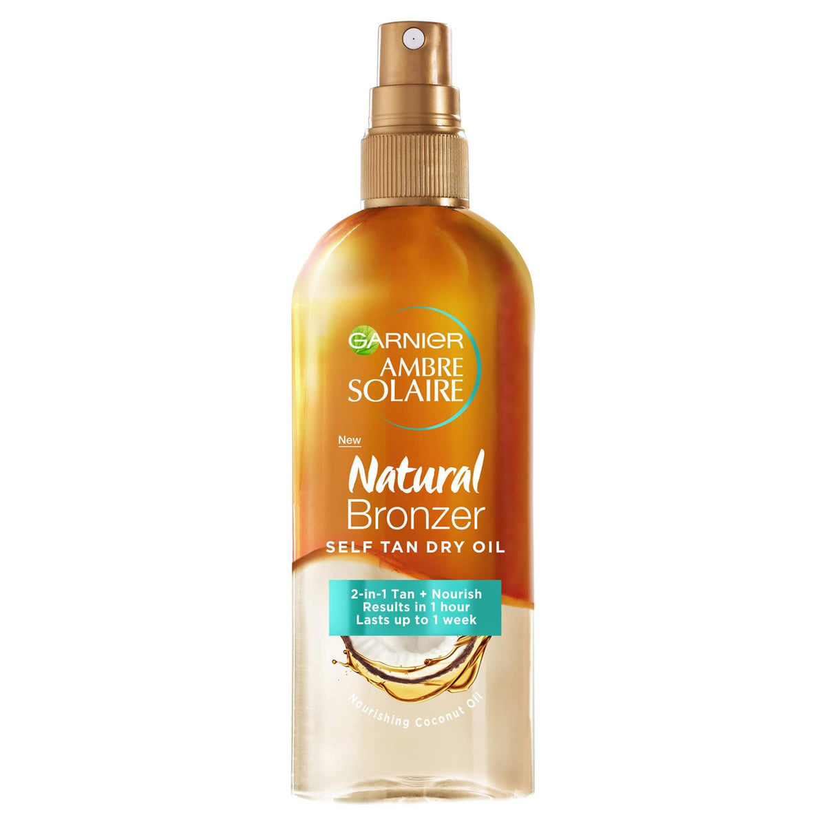 Garnier Ambre Solaire Natural Bronzer Self Tan Dry Oil 150ml,2-in-1 Oil Enriched With Coconut Oil,Nourishes Skin & Leaves A Luminous Fake Tan,Natural Streak-Free Result,Lasts Upto 1 week,Vegan Formula