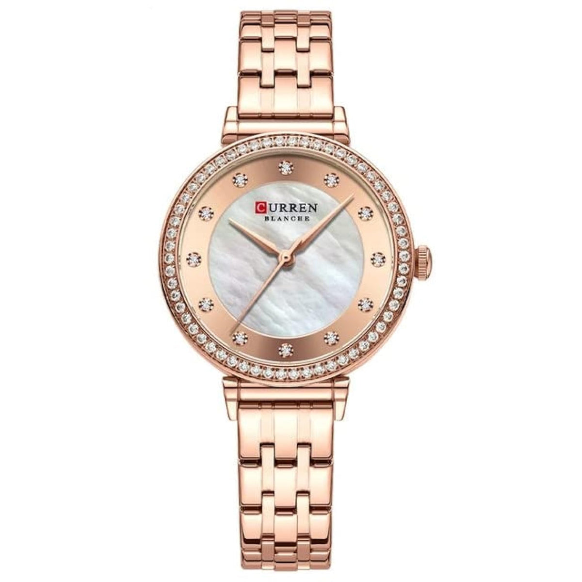 CURREN New Simple Thin Quartz Watch Women's Silver Stainless Steel Wrist Watch With Rhinestones - ROSE