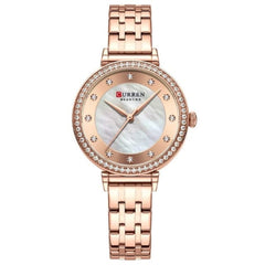 CURREN New Simple Thin Quartz Watch Women's Silver Stainless Steel Wrist Watch With Rhinestones - ROSE