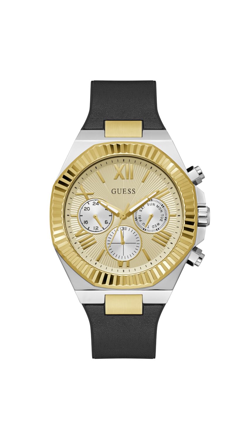 Guess Equity Multi-Function Analog Watch for Men, 44 mm Case Width, Black/Champagne