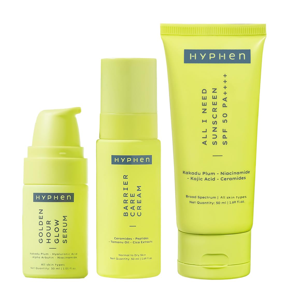 Hyphen Daily Care Regime for Normal & Dry Skin | 3 Step Facial Kit Routine With Serum, Cream & Sunscreen SPF 50 To Heal Skin Dryness & Dehydration | Value Pack of 3