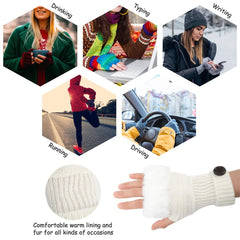Azonee Women Fingerless Gloves, Cashmere Short Gloves Mittens, Winter Women Thumb Hole Knitted Warm Gloves with Faux Fur for Women Girls Work Outdoor Gifts