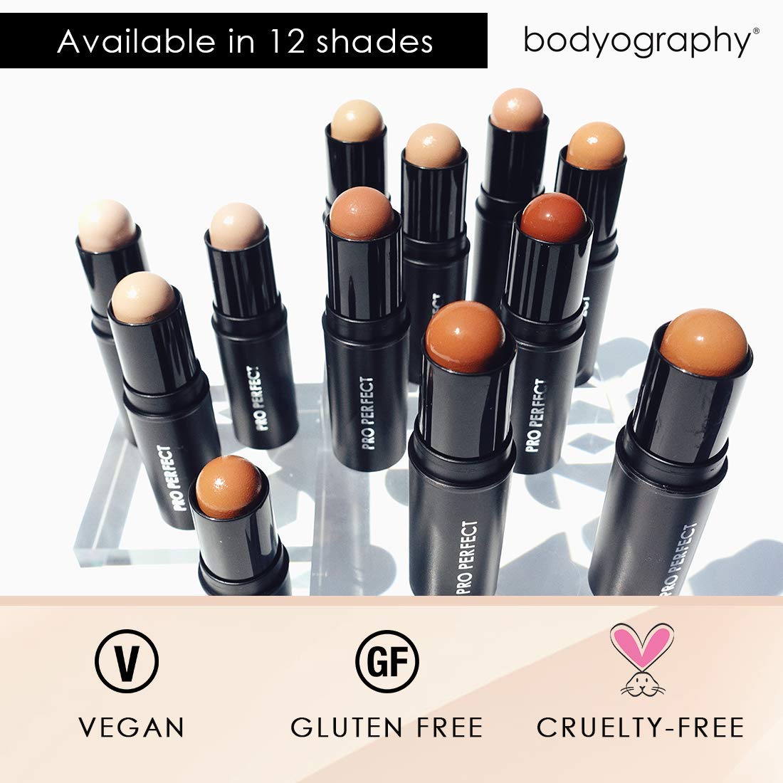 Bodyography Pro Perfect Foundation Stick - Demi-Matte Finish with A Natural Look - Enhancer for Concealing, Highlighting, and Contouring - Vitamin C & E (Golden)