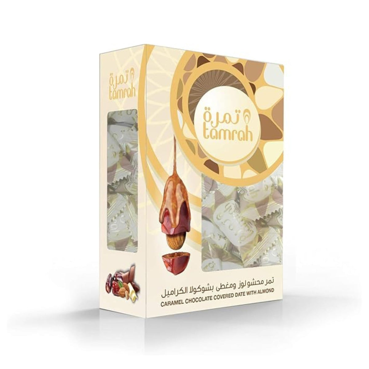 Tamrah Caramel Chocolate Dates and Almonds Stand Box 400 gram, Ideal for Sharing, Gifting, Kids’ chocolate, Perfect for any Occasion