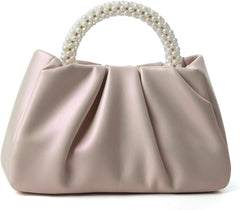 Beatfull Evening Purse Women Small Pearl Handbags Soft Leather Ruched Bag Wedding Bridal Clutch Party Prom Crossbody Purses - Pink