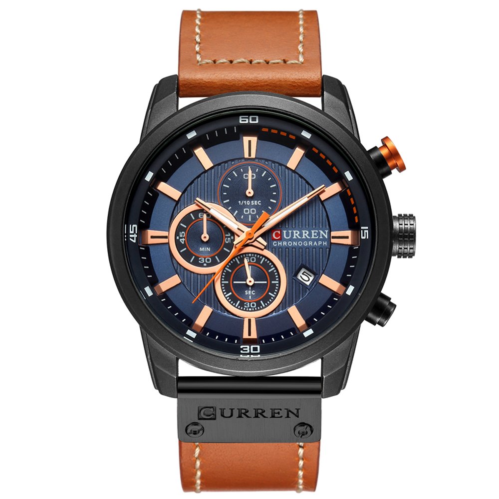 Curren Quartz Analog Watch Leather Band Waterproof Wristwatch with Date Display, 8291 - Black, Blue