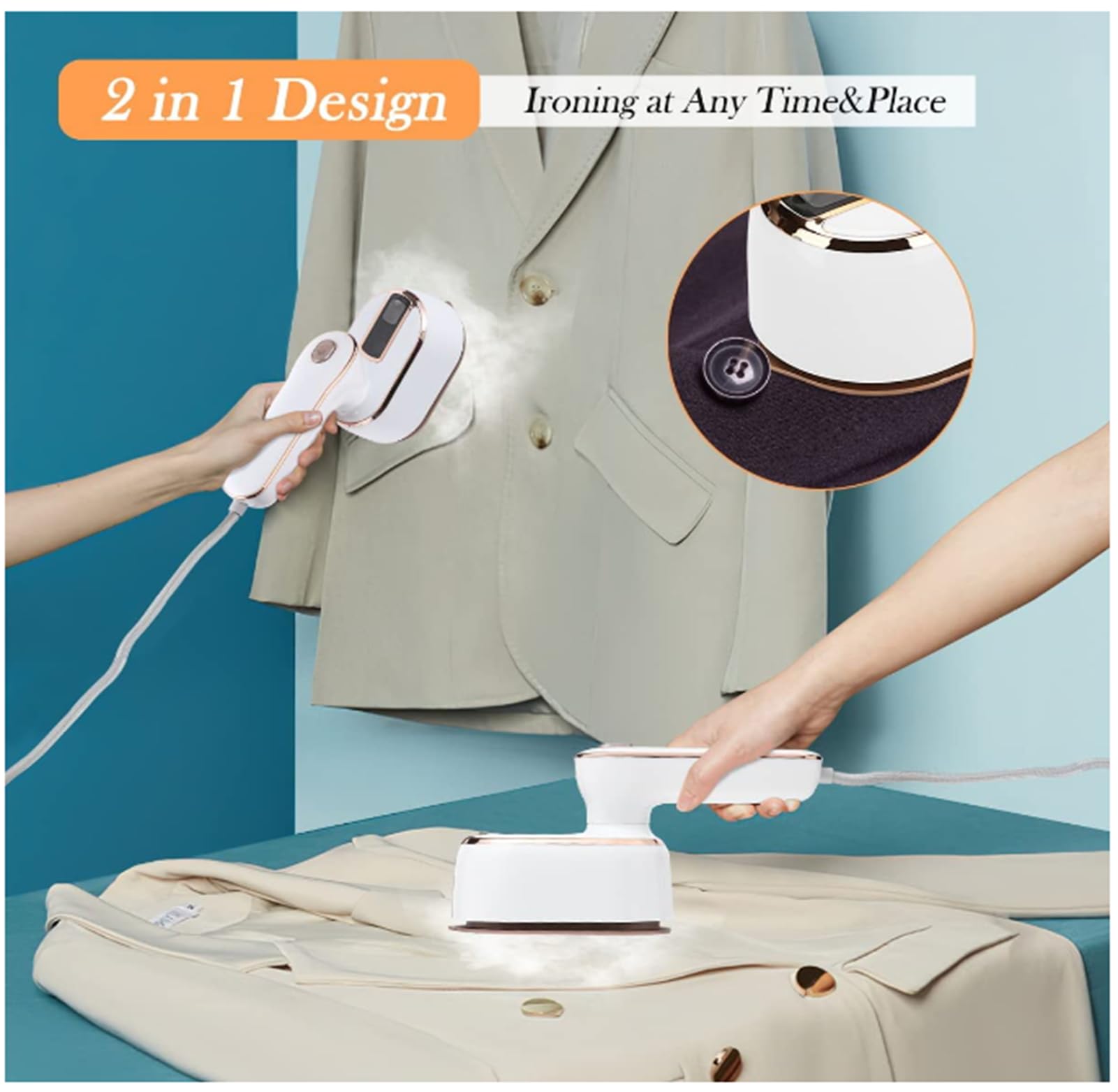TAME Mini Steam Iron for Clothes, 180° Rotating Handheld Steam Iron, Portable Steamer Travel Iron, Micro Steam Iron Mini Handheld Garment Steamer Support Dry and Wet Ironing for Home Travel (Beige)