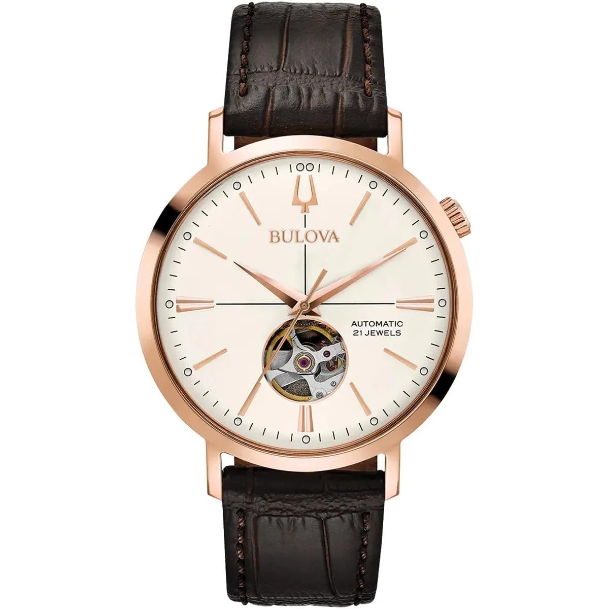 Bulova Men's Classic Aerojet 3-Hand Automatic Leather Strap Watch, Open Aperture, 40-Hour Power Reserve, Double Curved Mineral Crystal, 41mm - Brown/Rose Gold