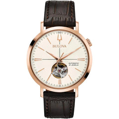 Bulova Men's Classic Aerojet 3-Hand Automatic Leather Strap Watch, Open Aperture, 40-Hour Power Reserve, Double Curved Mineral Crystal, 41mm - Brown/Rose Gold