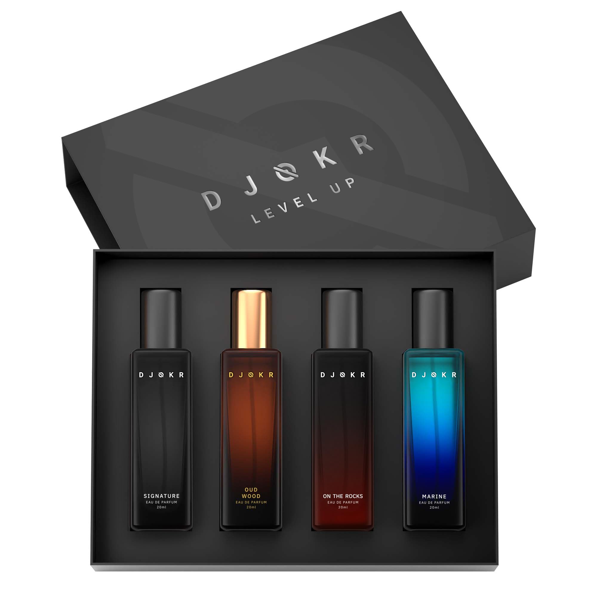 DJOKR Perfume Gift Set for Men Pack of 4x20 ML | Eau De Parfum | Premium Luxury Long Lasting Fragrance Spray | Signature, On The Rocks, Oud Wood, Marine (4x20 ml)