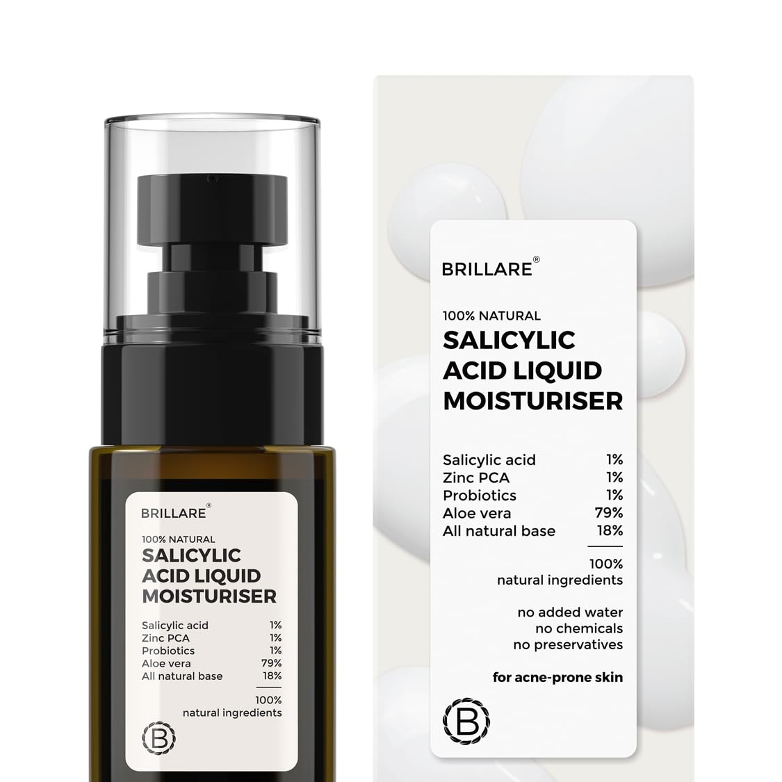 BRILLARE Salicylic Acid Liquid moisturizer For Clear, Acne Prone Skin,100% Natural Probiotics With Salicylic Acid and Zinc, Helps Remove Dead Skin Cells, Lighten Dark Spots