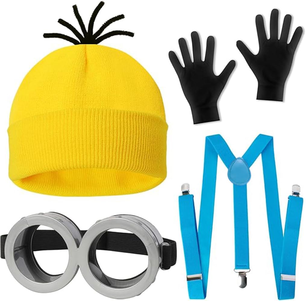 4 Pcs Costume for Kids Girls Boys Adults,Cartoon Role Play Dress Up Accessories,Yellow Beanie Hat/Goggles/Gloves/Suspenders for Holiday Birthday Halloween Christmas Dress Up,Gifts for Girl Boy