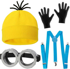 4 Pcs Costume for Kids Girls Boys Adults,Cartoon Role Play Dress Up Accessories,Yellow Beanie Hat/Goggles/Gloves/Suspenders for Holiday Birthday Halloween Christmas Dress Up,Gifts for Girl Boy