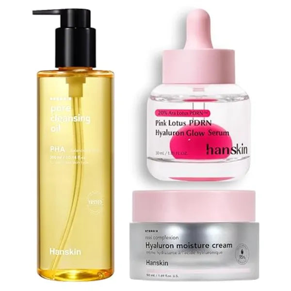 Hanskin Korean Pore Care & Glow Skincare Set PHA Cleansing Oil, Pink Lotus Vegan PDRN Serum & Hyaluron Moisture Cream Hydrating Glass Skin Routine for Dry & Sensitive Skin