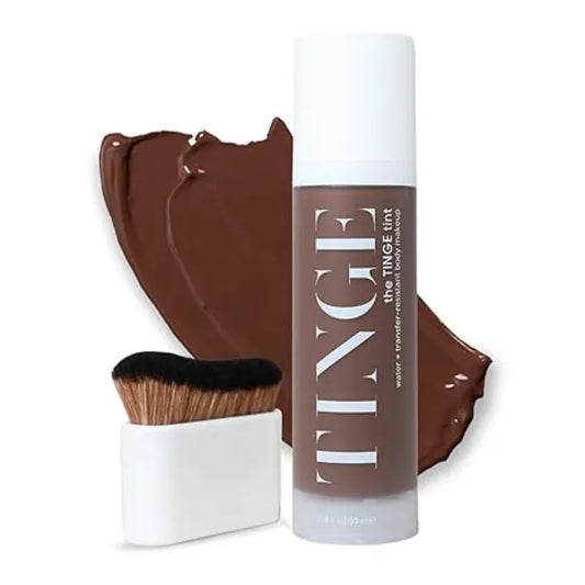 Tinge Body Makeup & Brush Bundle, 48 Hour Medium Coverage Tint with Hyaluronic Acid, Semi Matte, Water & Transfer Resistant, Vegan, Kabuki Brush for Streak Free Blending, Deep Neutral, 3.38 Fl Oz