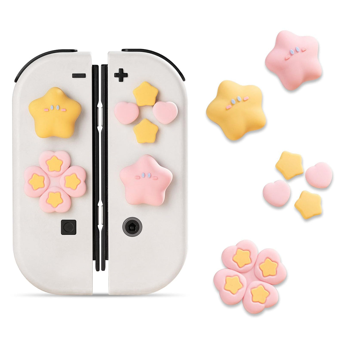 Tazweeq for Nintendo Switch Joystick Cap Cross Button Stickers, Compatible with Nintendo Switch/OLED, Cute Star 3D Soft Silicone ABXY Buttons Sticker Joystick Cover Caps, Star Pink-Yellow