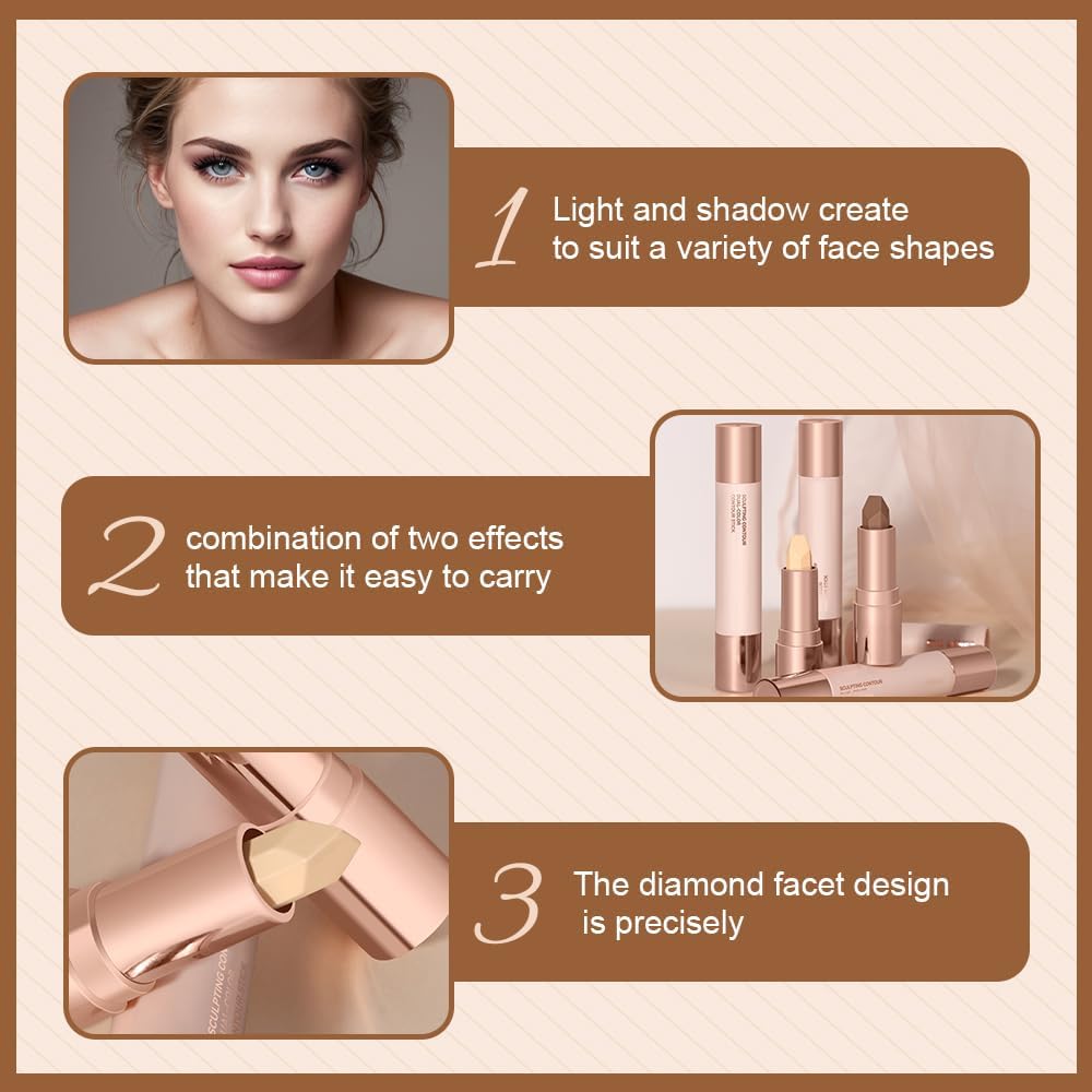 Azonee Cream Contour Stick, Upgrade 2 In 1 Double Ends Matte Contour Stick, 1Pcs Natural Matte Cream Bronzer and Contour Stick Lasting Creamy Sculpting Double Headed Makeup Contour Stick