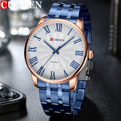 CURREN 8422 Men Quartz Watch Stainless Steel Watche Luxury Business Fashion - BLUE WHITE