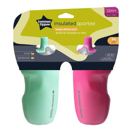 Tommee Tippee Insulated Sportee Water Bottle for Toddlers, Spill-Proof, Pink and Mint (9oz, 12m+, 2 Count)