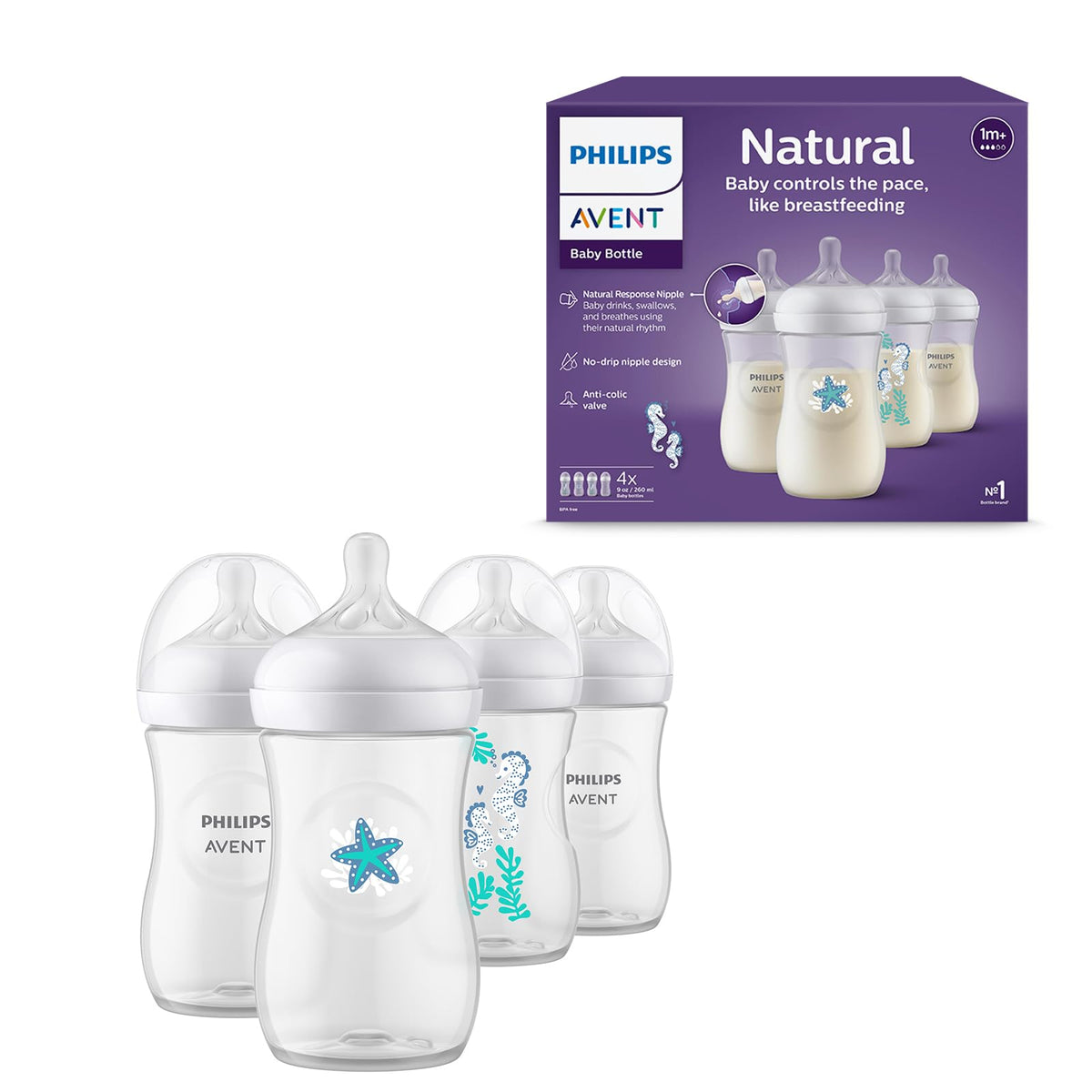 Philips Avent Natural Baby Bottle with Natural Response, with Sea Design, 9oz, 4pk, SCY903/68