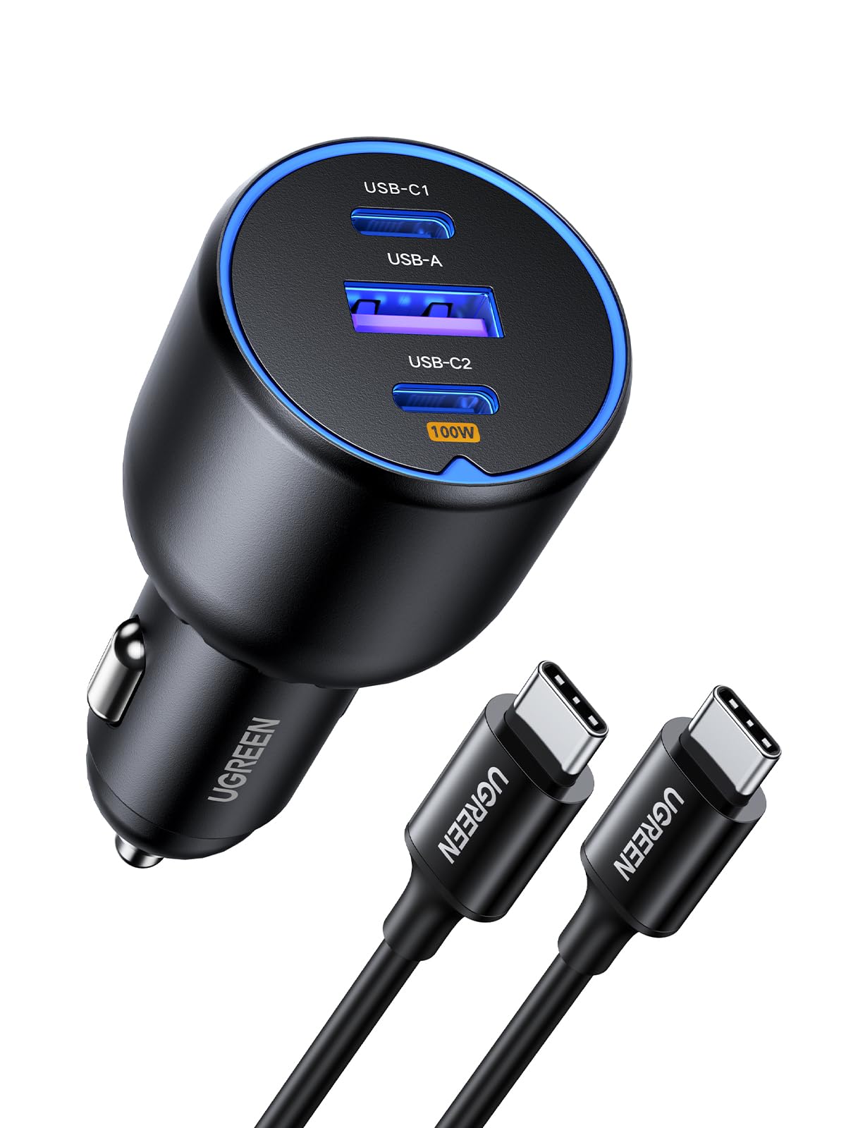 UGREEN 130W Super Fast Car Charger Fast Charging 3-Port USB Car Power Adapter With 100W USB C Cable Car Fast Charger Plug for Samsung S24 Series, Steam Deck, Macbook, Laptops, Tablets, iPhone, Huawei