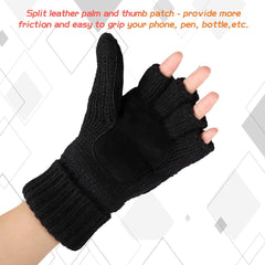 Winter Gloves, Convertible Wool Mittens for Men and Women, Warm Thermal Knit Flip Top Snow Glove for Cold Weather - Black