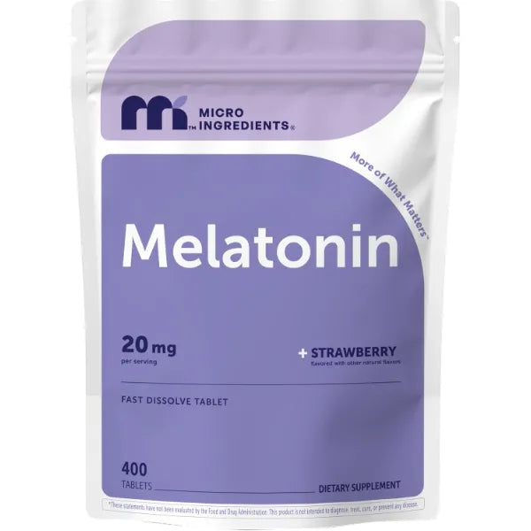 Micro Ingredients Melatonin 20mg, 400 Tablets | Strawberry Flavor | Fast Dissolve | 100% Drug Free | Vegetarian Friendly | Non-GMO, No Gluten, Sugar Free